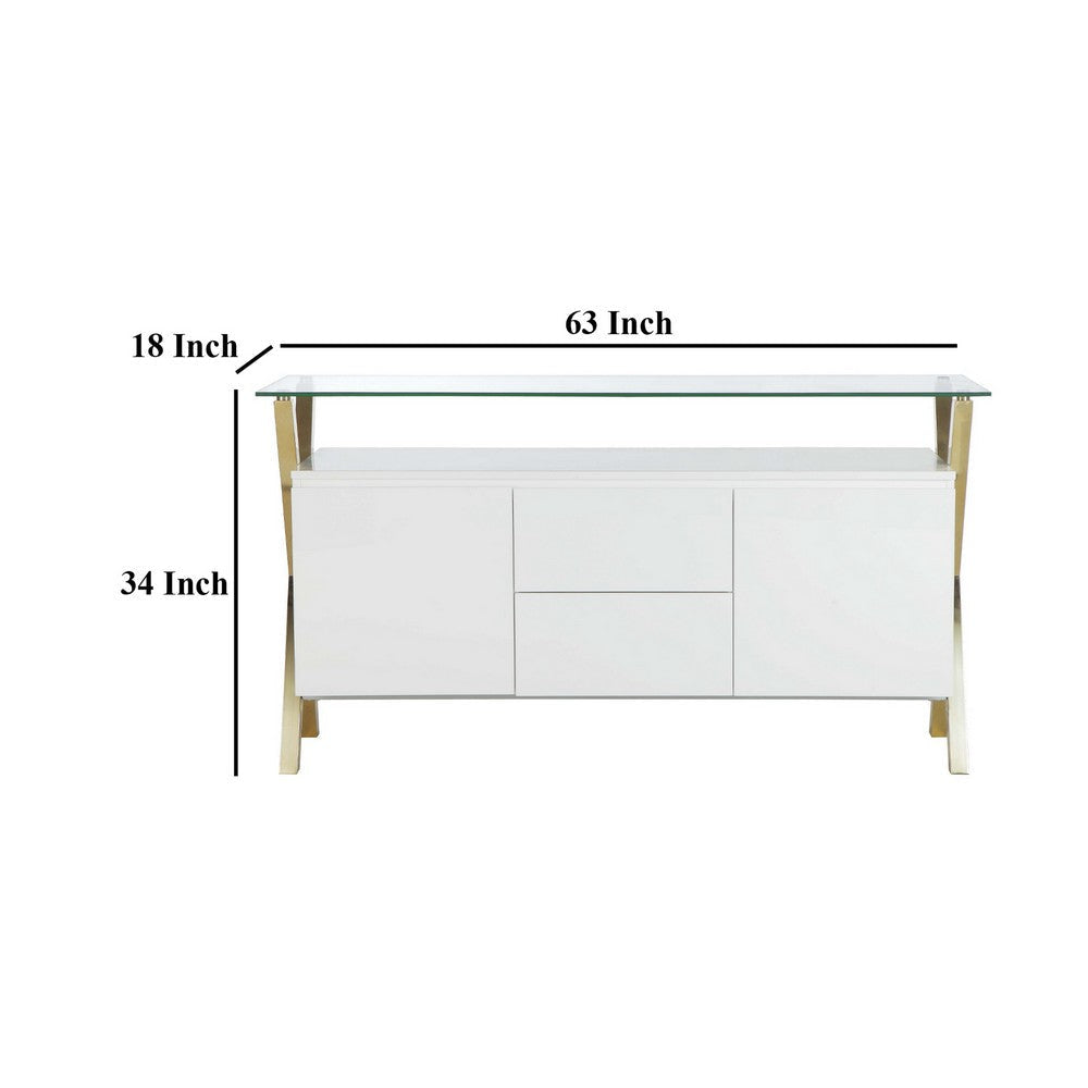 Tia Sideboard Buffet Console 63 Inch Glass Top White Lacquer Gold BM330205