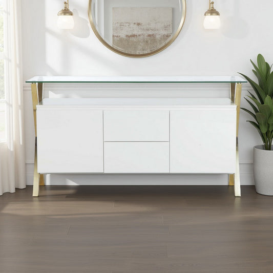 Tia Sideboard Buffet Console, 63 Inch Glass Top, White Lacquer, Gold