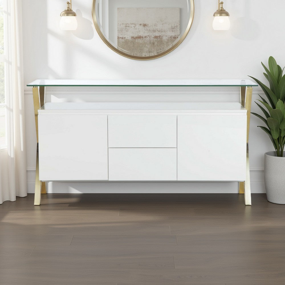 Tia Sideboard Buffet Console, 63 Inch Glass Top, White Lacquer, Gold