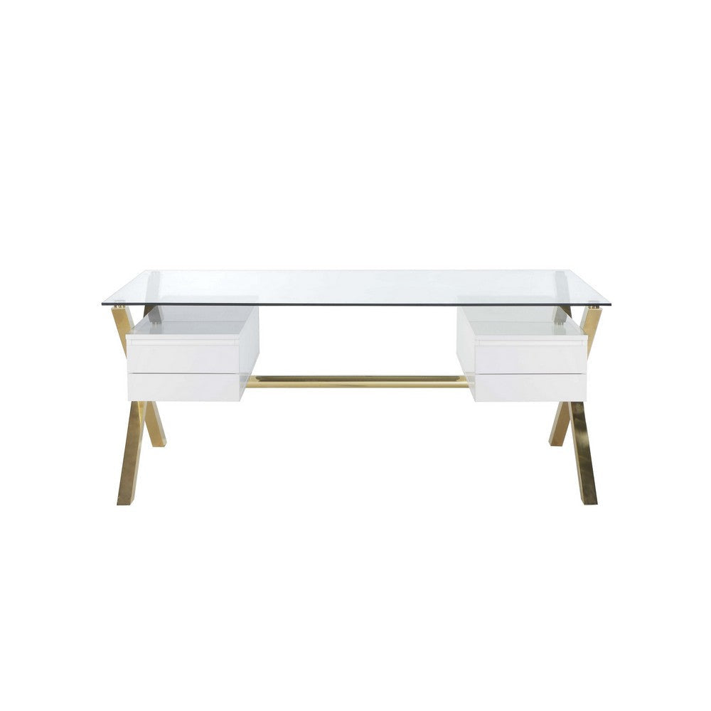 Tia Office Desk, 71 Inch Rectangular Glass, 4 Drawers, White, Gold