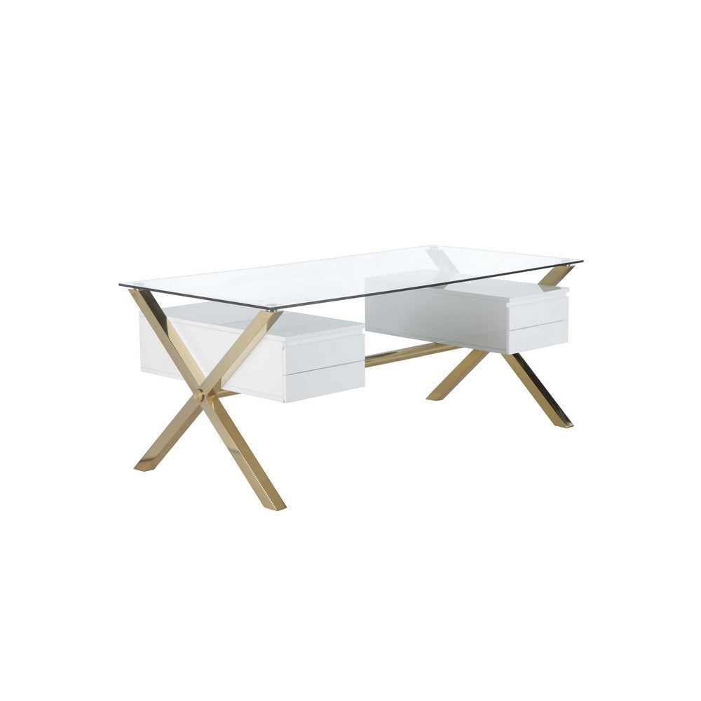 Tia Office Desk 71 Inch Rectangular Glass 4 Drawers White Gold BM330206