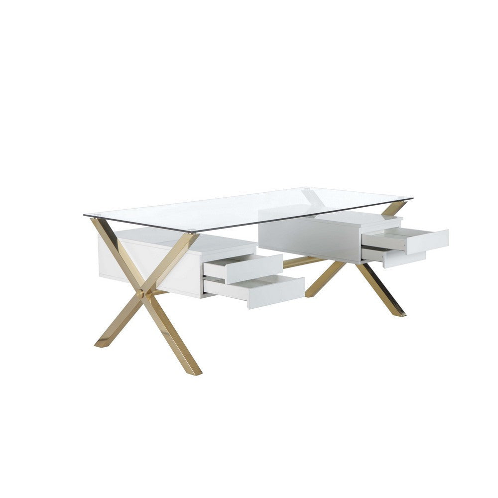 Tia Office Desk 71 Inch Rectangular Glass 4 Drawers White Gold BM330206