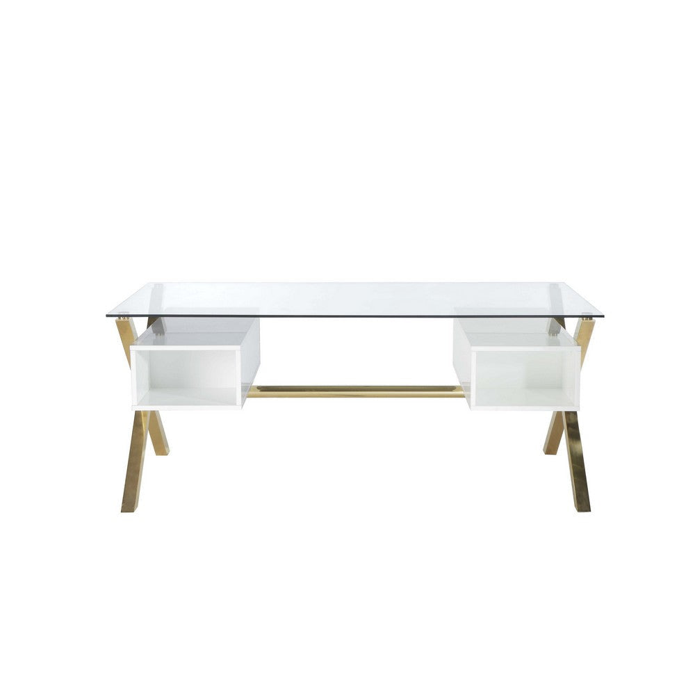 Tia Office Desk 71 Inch Rectangular Glass 4 Drawers White Gold BM330206