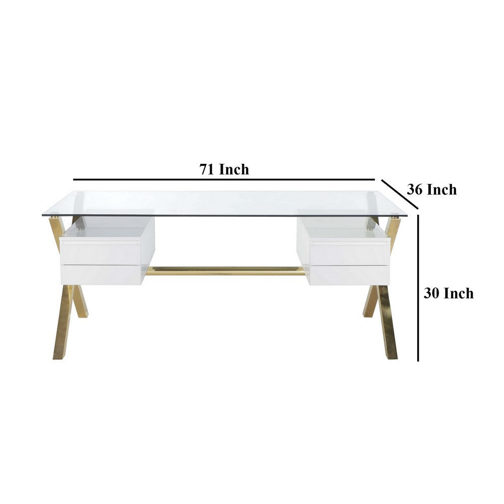 Tia Office Desk 71 Inch Rectangular Glass 4 Drawers White Gold BM330206