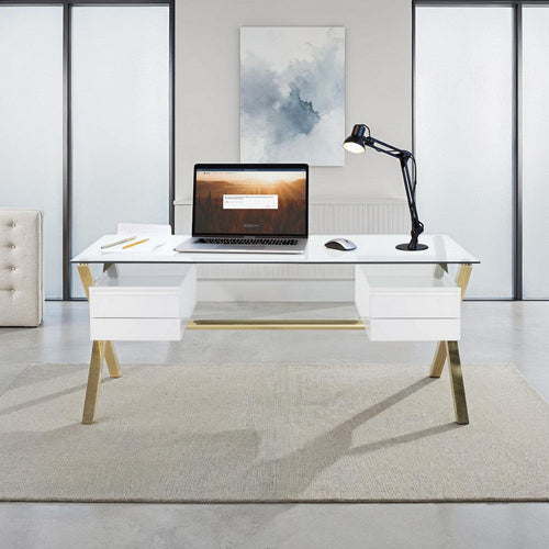 Tia Office Desk, 71 Inch Rectangular Glass, 4 Drawers, White, Gold