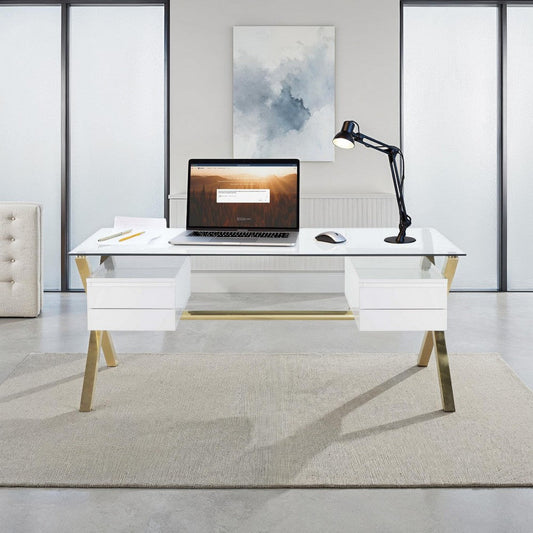 Tia Office Desk, 71 Inch Rectangular Glass, 4 Drawers, White, Gold