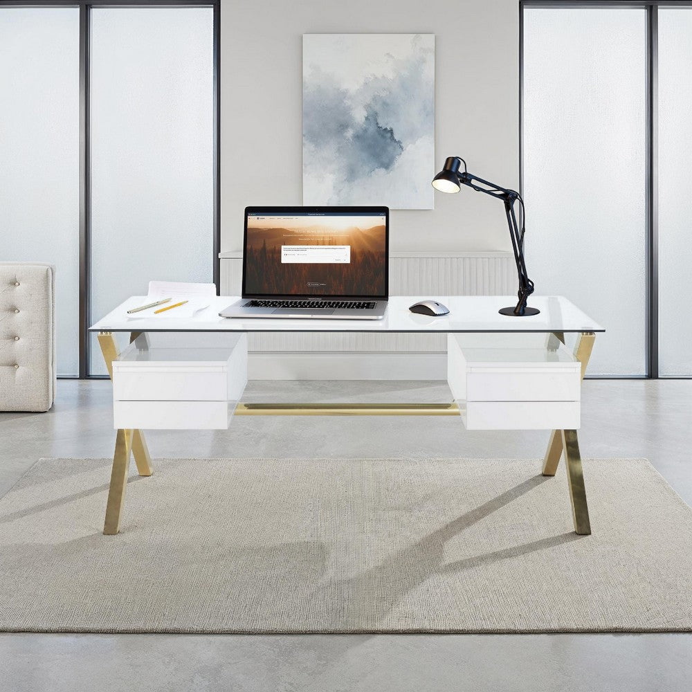 Tia Office Desk, 71 Inch Rectangular Glass, 4 Drawers, White, Gold