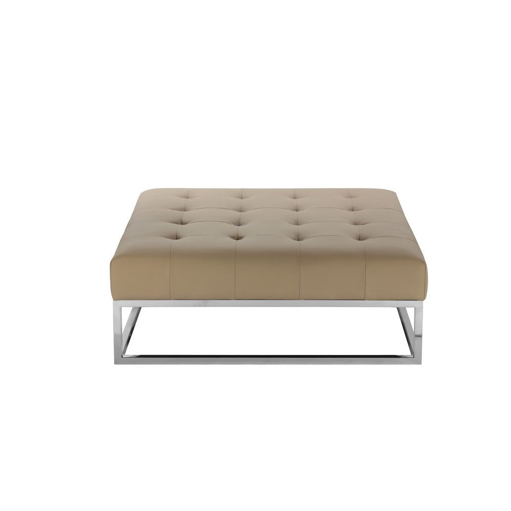 Ipp Ottoman 40 Inch Square Tufted Beige Faux Leather Chrome Steel BM330215