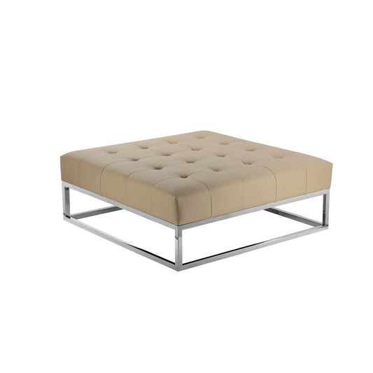 Ipp Ottoman, 40 Inch Square Tufted Beige Faux Leather, Chrome Steel