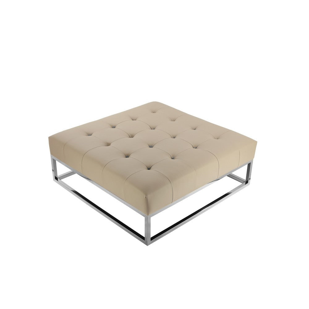 Ipp Ottoman 40 Inch Square Tufted Beige Faux Leather Chrome Steel BM330215