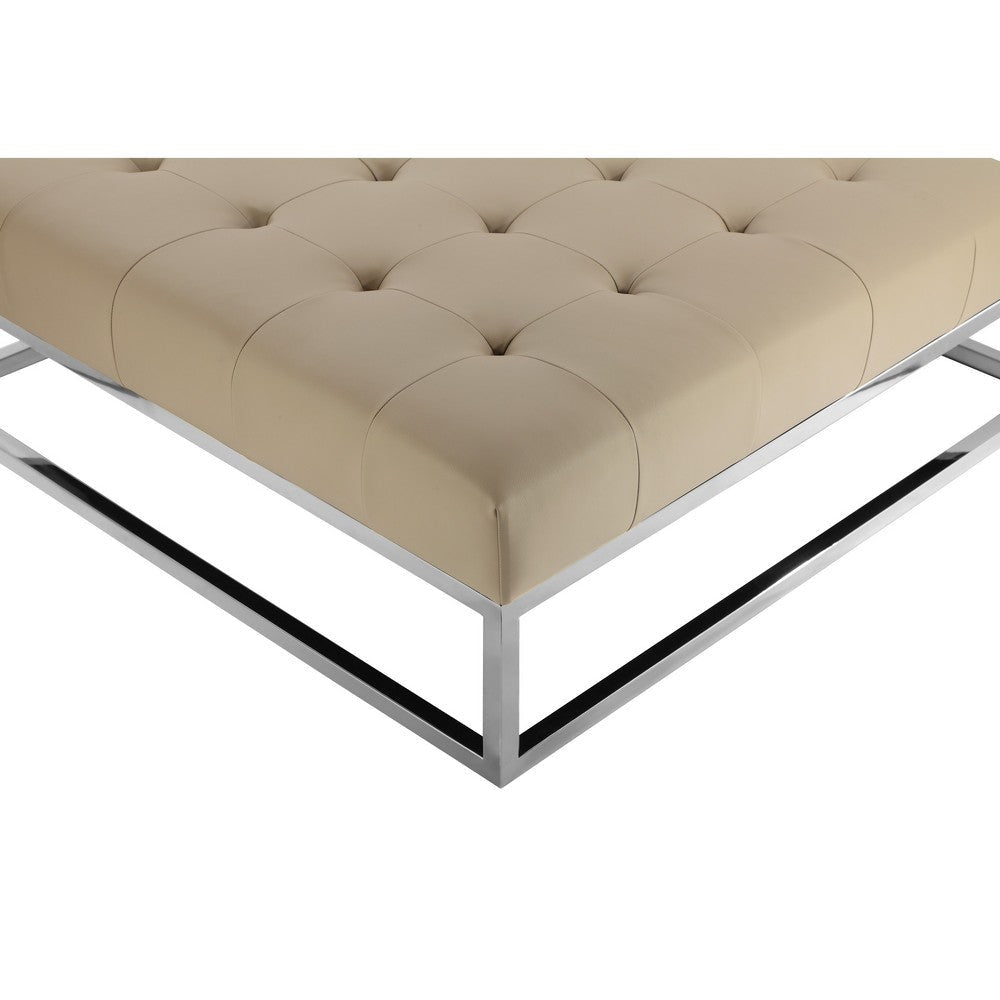 Ipp Ottoman 40 Inch Square Tufted Beige Faux Leather Chrome Steel BM330215