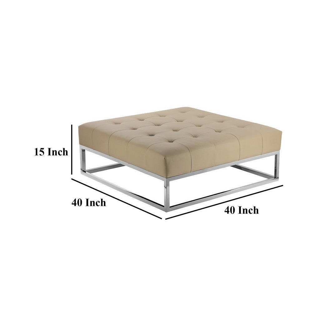 Ipp Ottoman 40 Inch Square Tufted Beige Faux Leather Chrome Steel BM330215