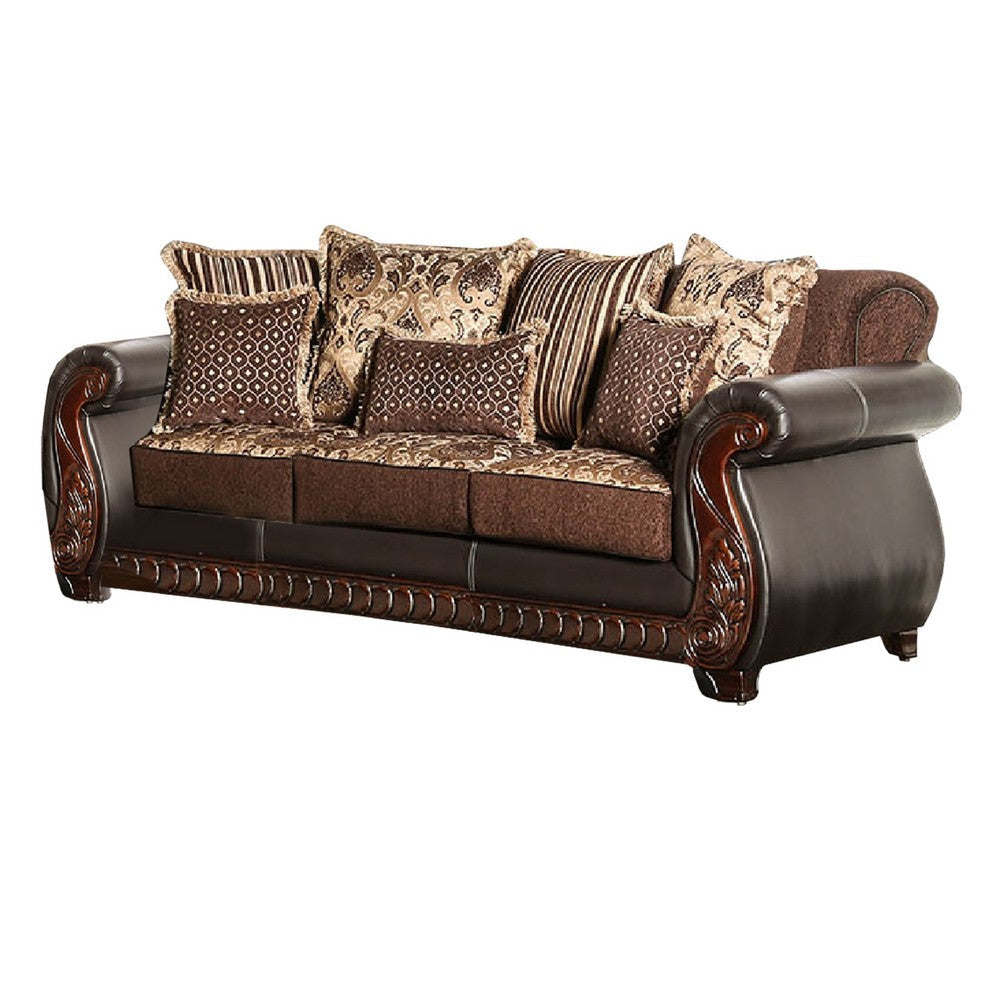 Lenira 2pc Sofa Loveseat Set Brown Faux Leather 5 Accent Pillows