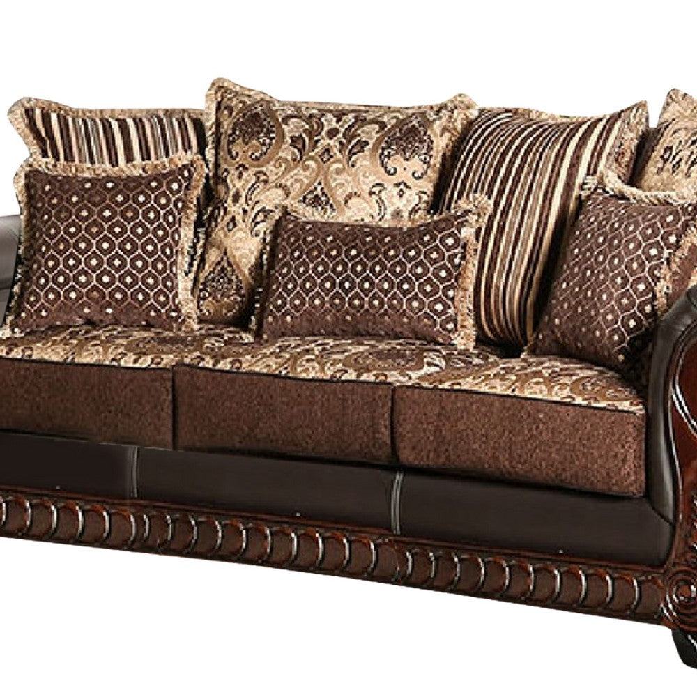 Lenira 2pc Sofa Loveseat Set Brown Faux Leather 5 Accent Pillows