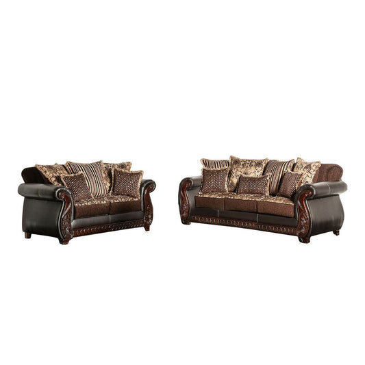 Lenira 2pc Sofa Loveseat Set, Brown Faux Leather, 5 Accent Pillows