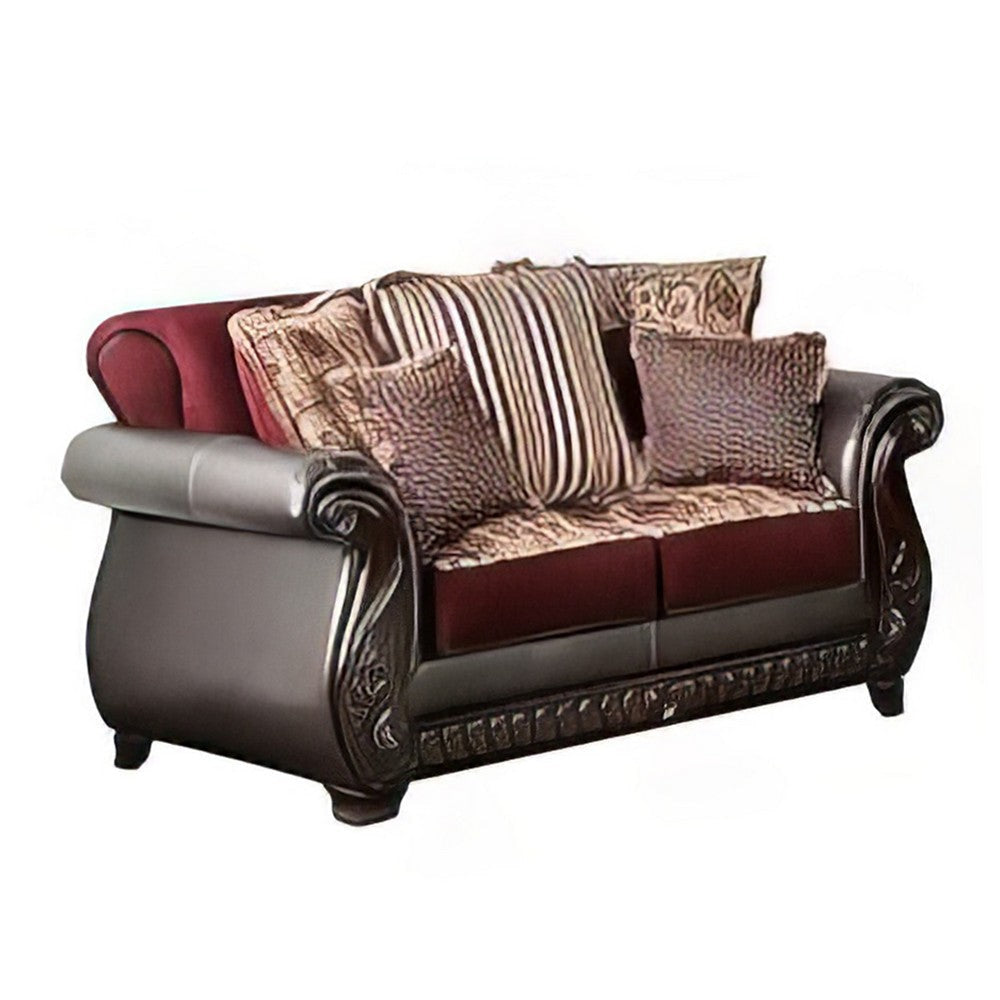 Lenira 2pc Sofa Loveseat Set Burgundy Faux Leather Brown 5 Pillows