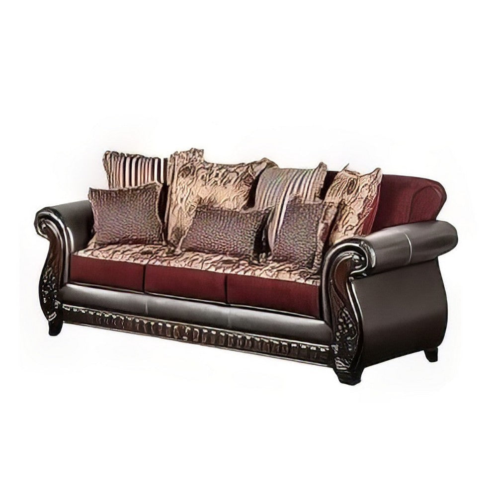 Lenira 2pc Sofa Loveseat Set Burgundy Faux Leather Brown 5 Pillows
