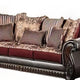 Lenira 2pc Sofa Loveseat Set Burgundy Faux Leather Brown 5 Pillows