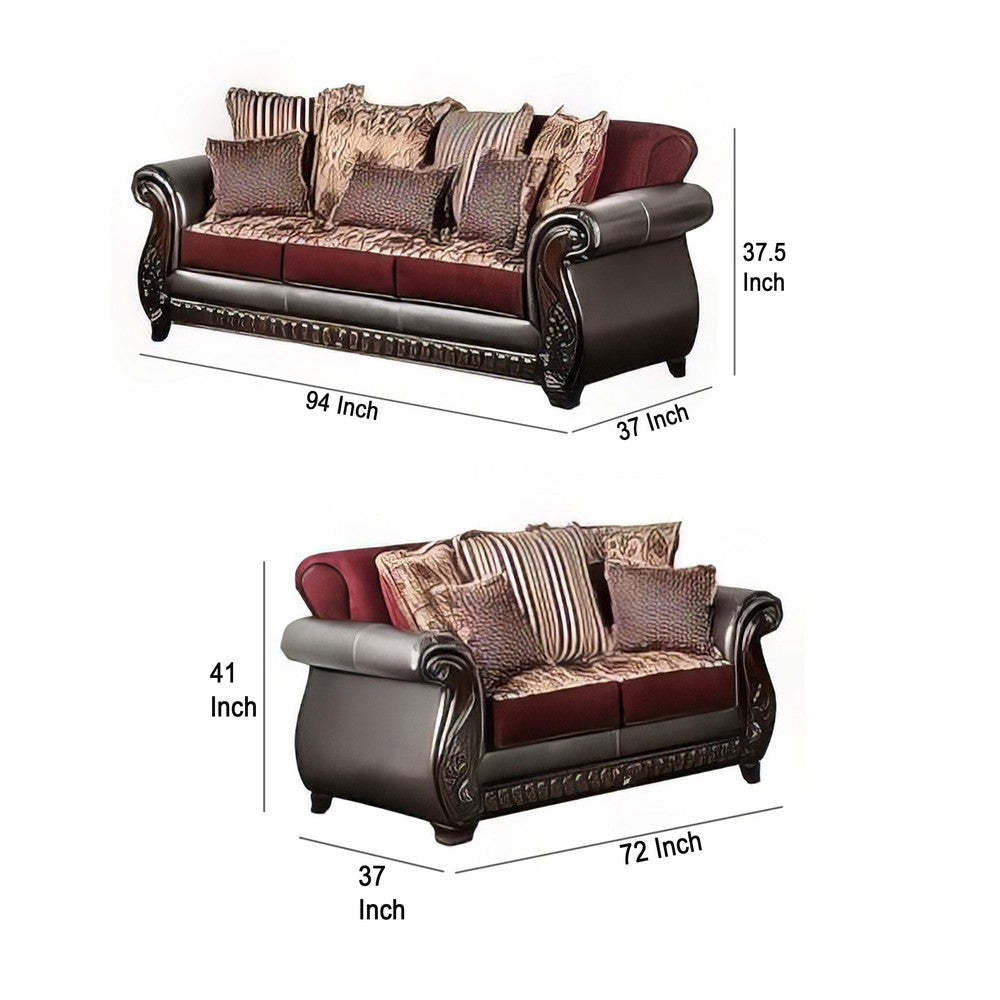 Lenira 2pc Sofa Loveseat Set Burgundy Faux Leather Brown 5 Pillows