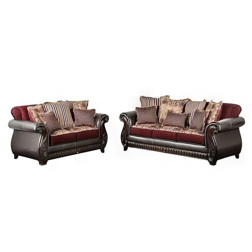 Lenira 2pc Sofa Loveseat Set, Burgundy Faux Leather, Brown, 5 Pillows