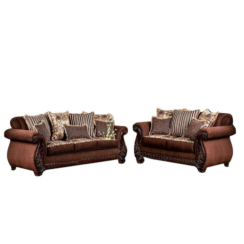 Nadira 2pc Sofa Loveseat Set, Brown Faux Leather, Gold 5 Throw Pillows