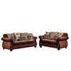 Nadira 2pc Sofa Loveseat Set, Brown Faux Leather, Gold 5 Throw Pillows