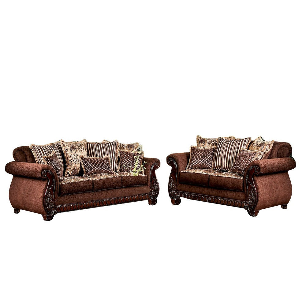 Nadira 2pc Sofa Loveseat Set, Brown Faux Leather, Gold 5 Throw Pillows