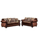 Nadira 2pc Sofa Loveseat Set, Brown Faux Leather, Gold 5 Throw Pillows