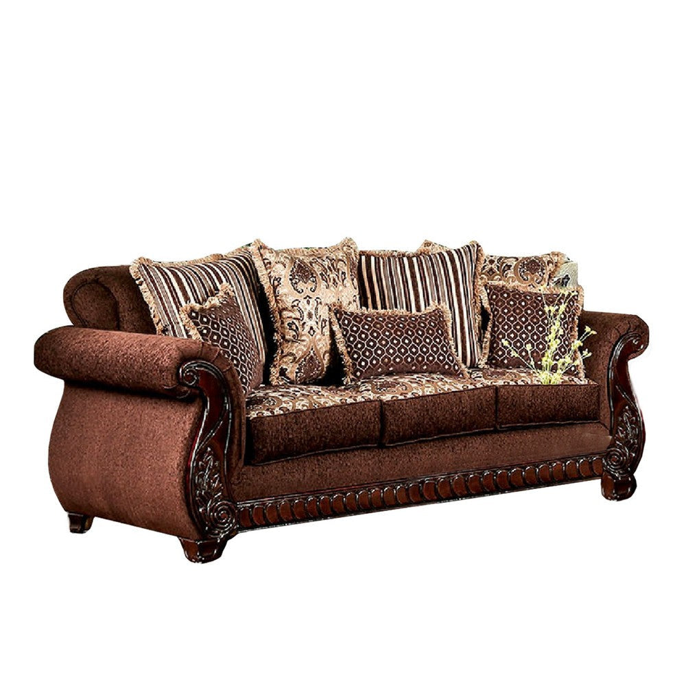 Nadira 2pc Sofa Loveseat Set Brown Faux Leather Gold 5 Throw Pillows