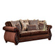 Nadira 2pc Sofa Loveseat Set Brown Faux Leather Gold 5 Throw Pillows