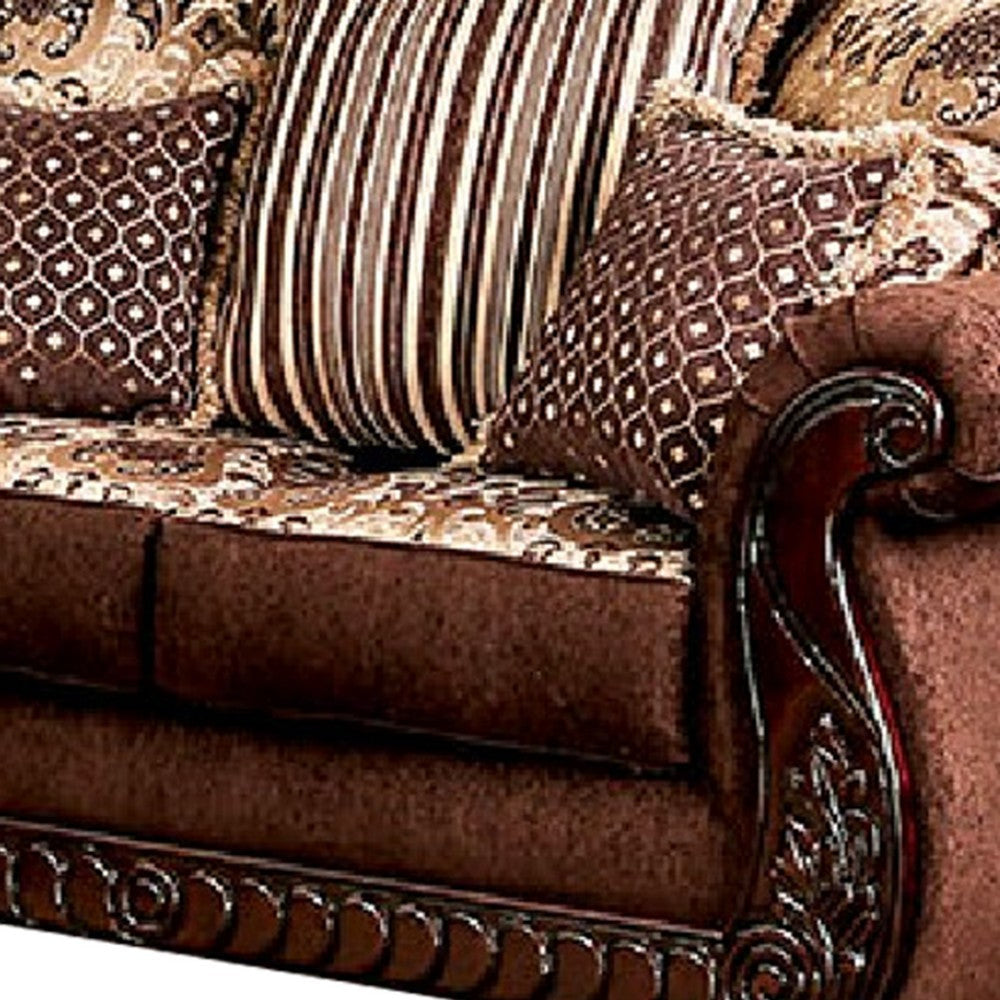 Nadira 2pc Sofa Loveseat Set Brown Faux Leather Gold 5 Throw Pillows