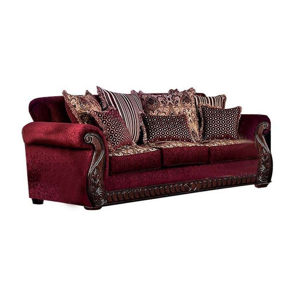 Nadira 2pc Sofa Loveseat Set Wine Red Faux Leather Gold 5 Pillows