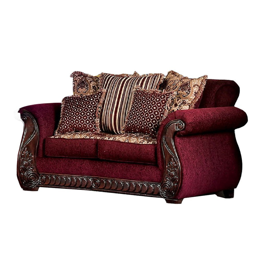 Nadira 2pc Sofa Loveseat Set Wine Red Faux Leather Gold 5 Pillows