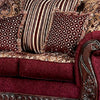 Nadira 2pc Sofa Loveseat Set Wine Red Faux Leather Gold 5 Pillows