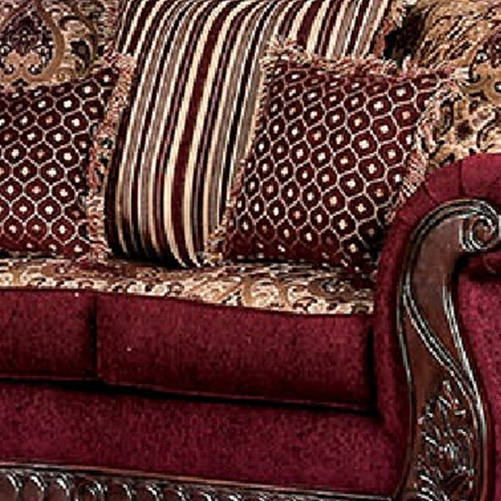 Nadira 2pc Sofa Loveseat Set Wine Red Faux Leather Gold 5 Pillows
