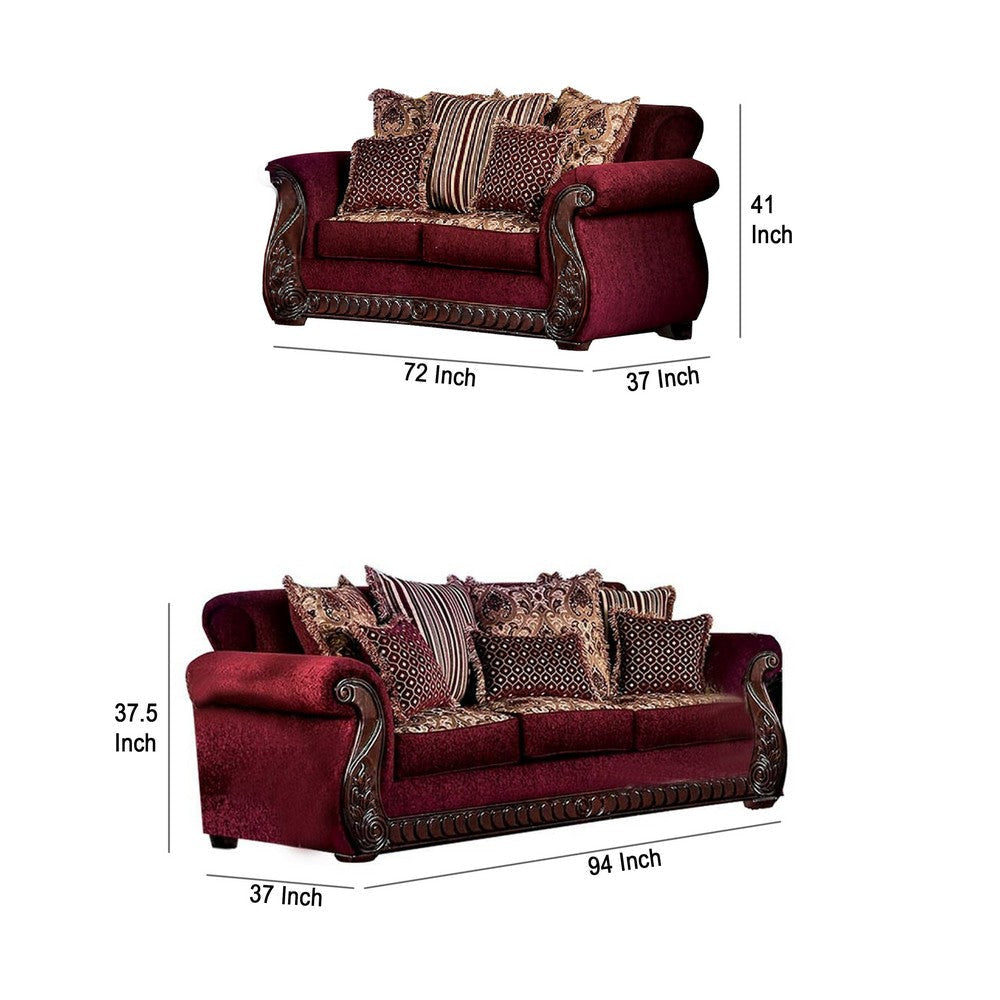 Nadira 2pc Sofa Loveseat Set Wine Red Faux Leather Gold 5 Pillows