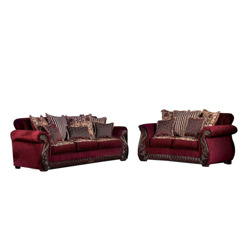 Nadira 2pc Sofa Loveseat Set, Wine Red Faux Leather, Gold, 5 Pillows