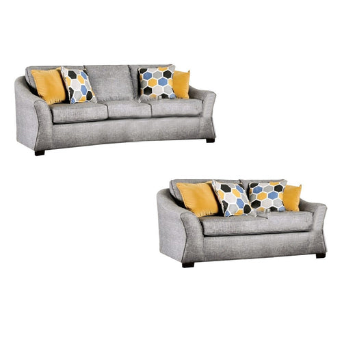 Nyrah 2pc Sofa Loveseat Set, Light Gray Faux Linen, 8 Throw Pillows