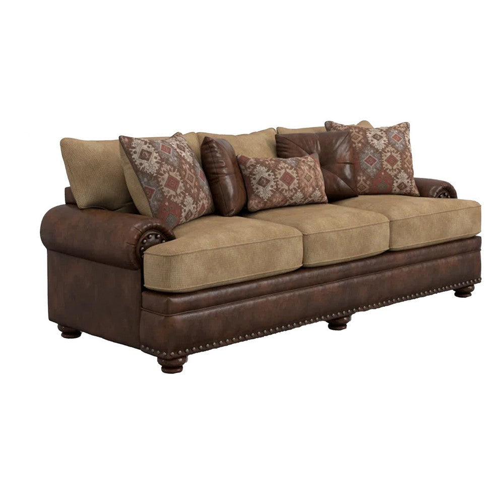 Flet 2pc Sofa Loveseat Set Brown Chenille Faux Leather 8 Pillows BM330271