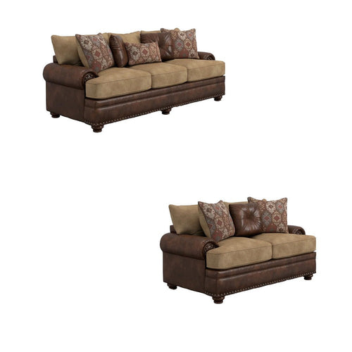 Flet 2pc Sofa Loveseat Set, Brown Chenille, Faux Leather, 8 Pillows