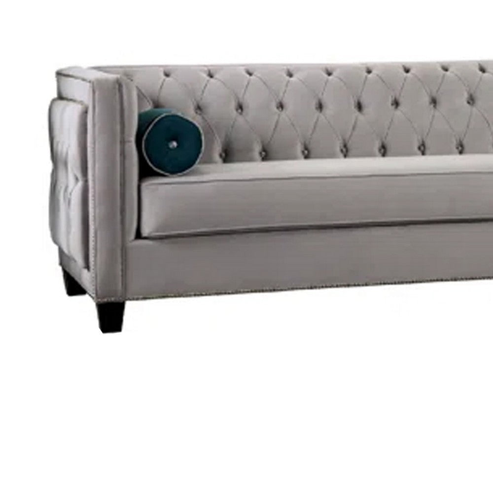 Silva Sofa Loveseat Set 4 Lumbar Pillows Gray Tufted Faux Velvet BM330275