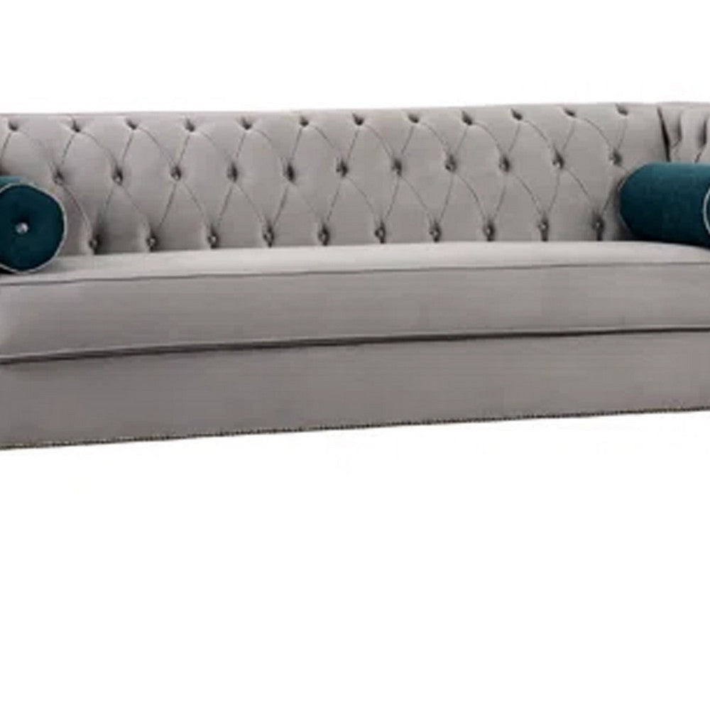 Silva Sofa Loveseat Set 4 Lumbar Pillows Gray Tufted Faux Velvet BM330275