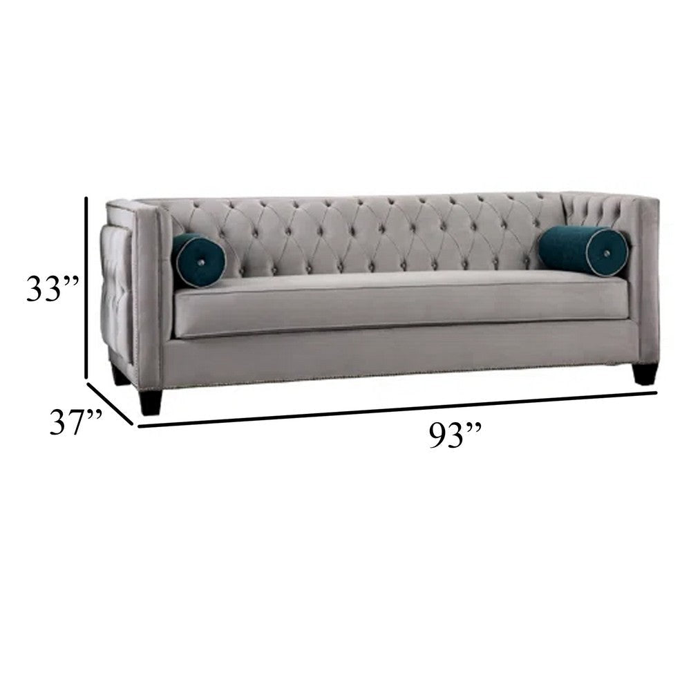 Silva Sofa Loveseat Set 4 Lumbar Pillows Gray Tufted Faux Velvet BM330275