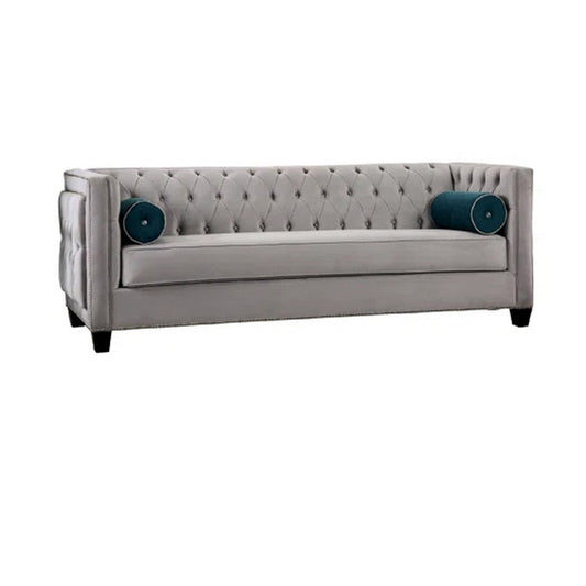 Silva Sofa Loveseat Set, 4 Lumbar Pillows, Gray Tufted Faux Velvet