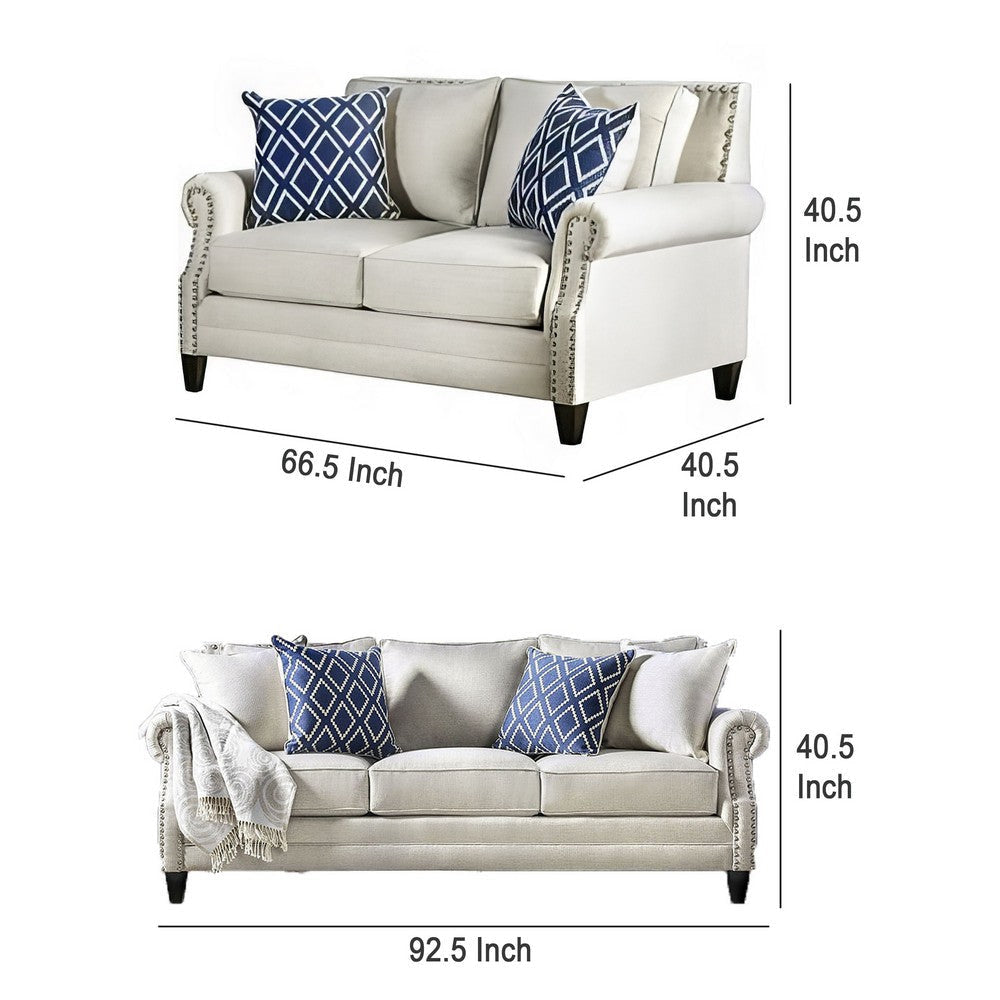 Vanni Sofa and Loveseat Set with Rolled Arms Beige Blue Faux Linen