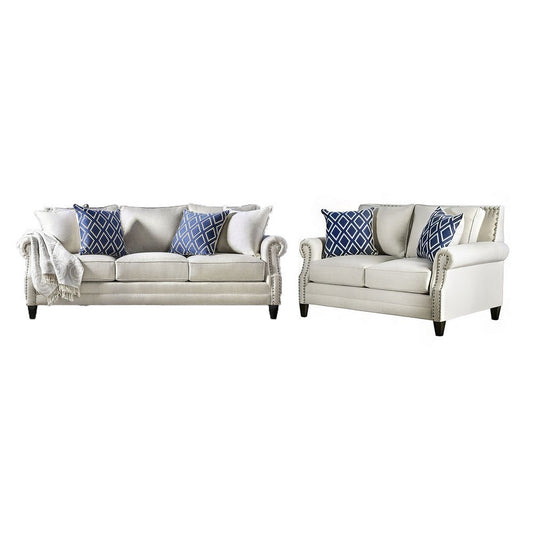 Vanni Sofa and Loveseat Set with Rolled Arms, Beige Blue Faux Linen