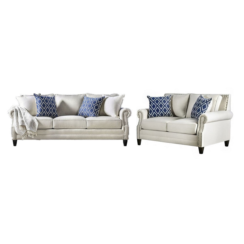 Vanni Sofa and Loveseat Set with Rolled Arms, Beige Blue Faux Linen