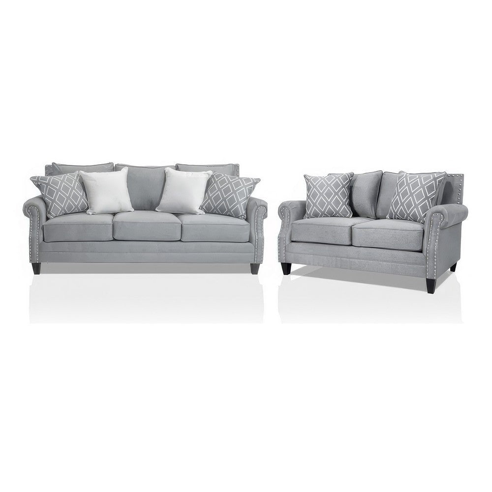 Vanni Sofa and Loveseat Set, 6 Accent Throw Pillows, Gray Faux Linen