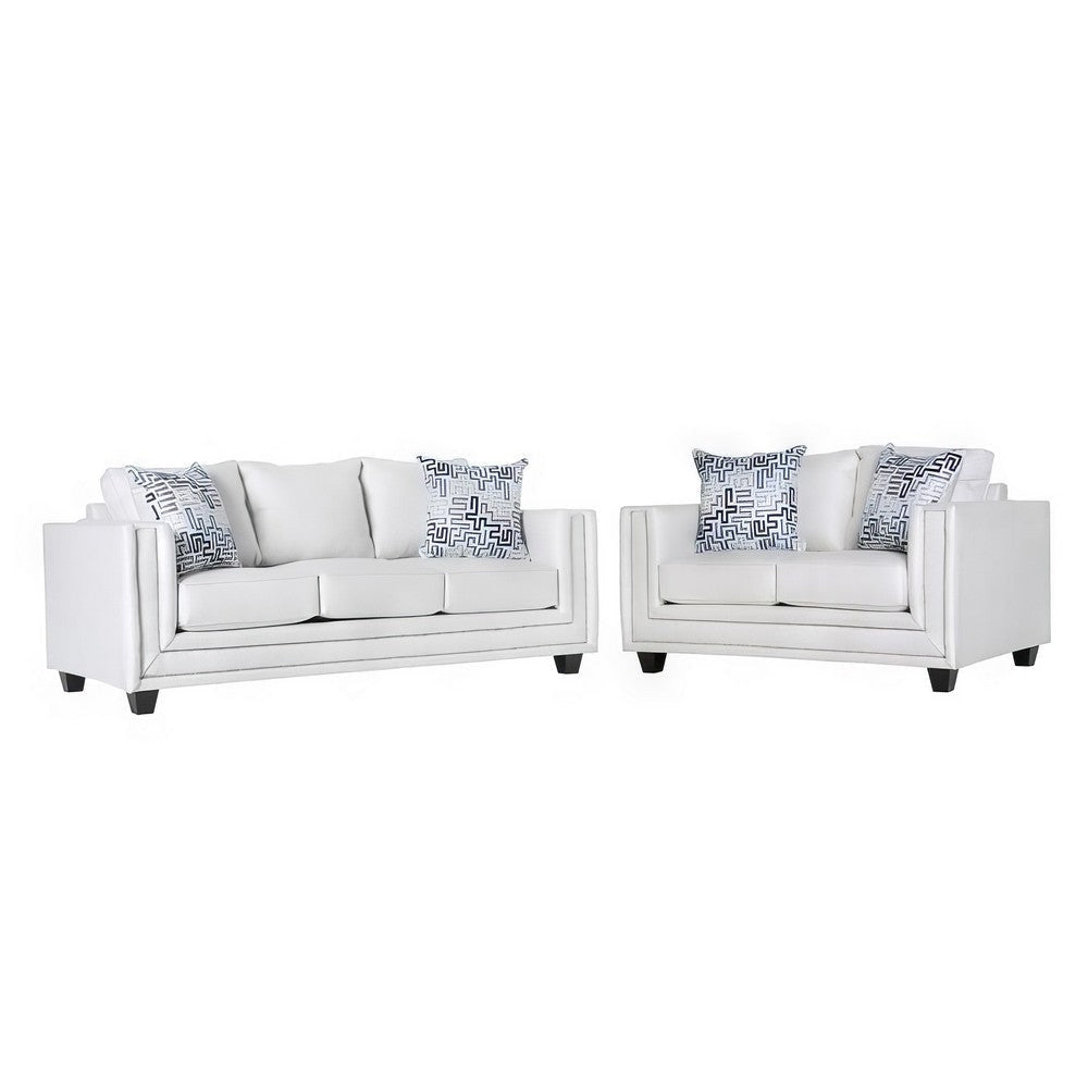Imna Sofa and Loveseat Set with 4 Accent Pillows, White Blue Chenille