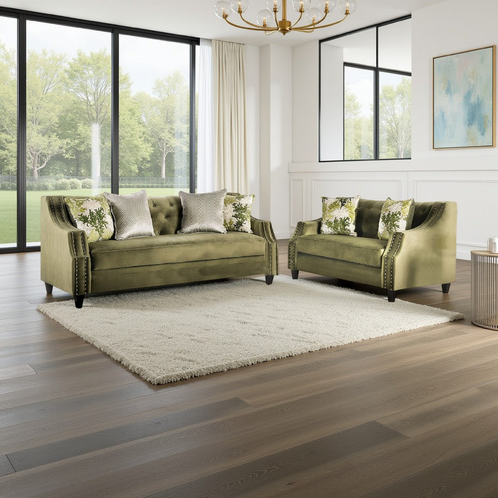 Syna Sofa and Loveseat Set, Bench Style Seat, Green Tufted Microfiber